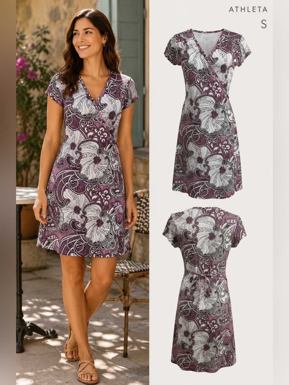 Athleta Wrap Dress womens sz Small Purple Paisley Stretch comfy boho travel cute
